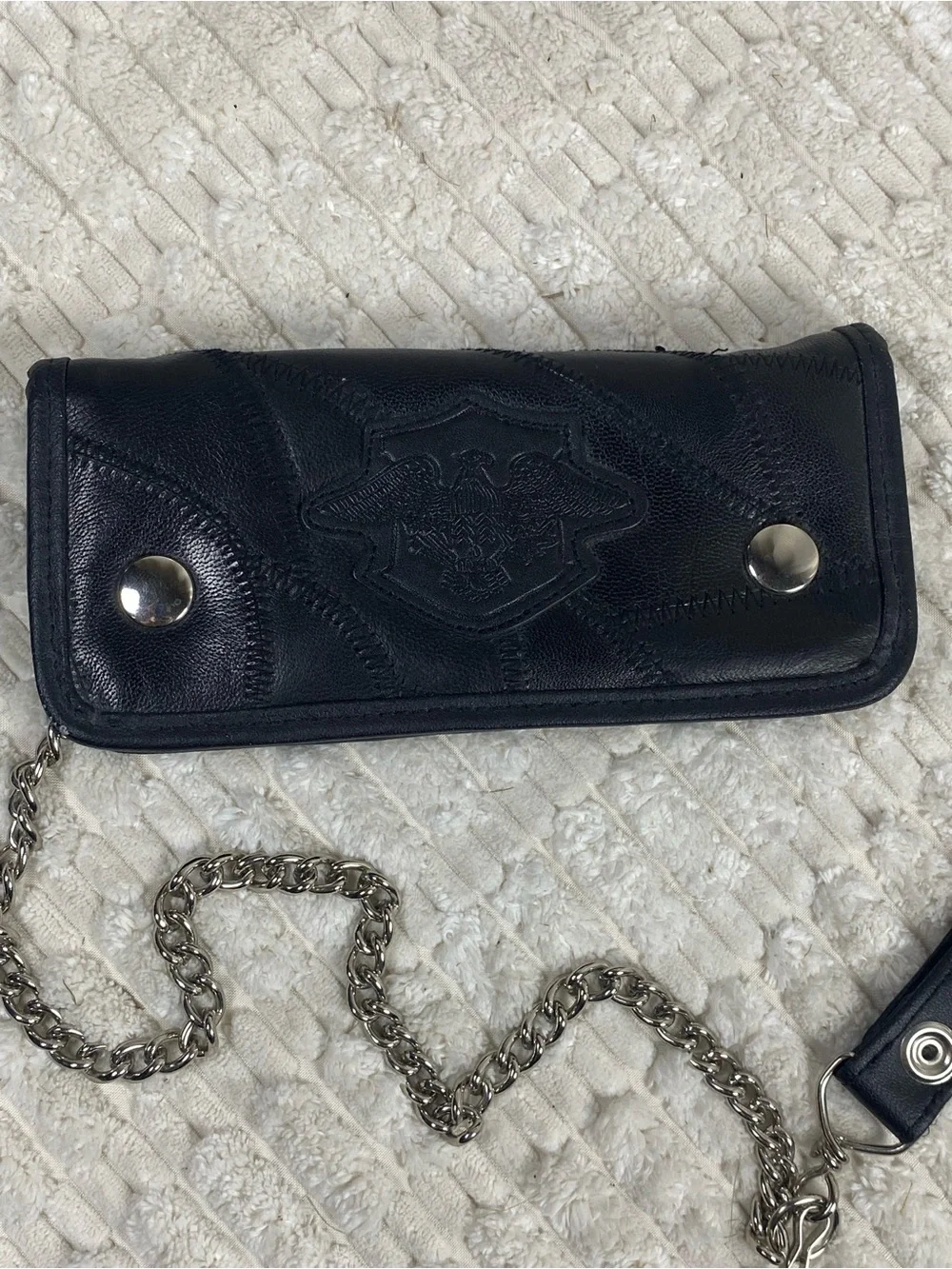 Vintage Black Leather Trucker Biker Chain Wallet Patchwork Eagle Crest 15”